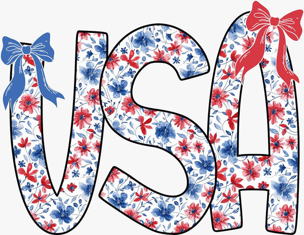 USA Floral Lettering with Bows - Texas DTF Print