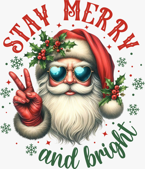 Santa with Sunglasses &amp; Peace Sign (“Stay Merry and Bright”) - Texas DTF Print