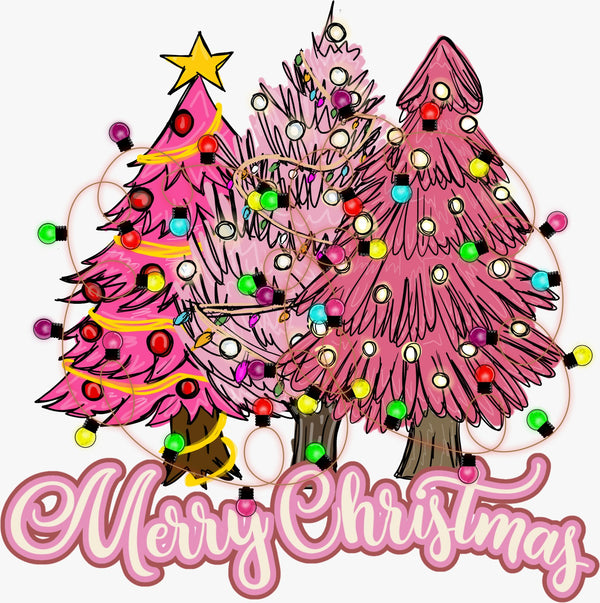 Merry Christmas Pink Trees With Lights - Texas DTF Print
